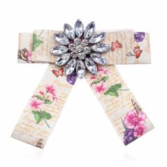 Custom new fashion printed rhinestone flower women bowknot ribbon brooches