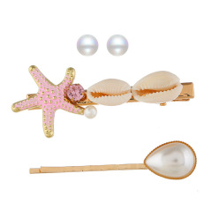 Summer girls faux pearl earrings stud and starfish crystal shell hair clip sets for women