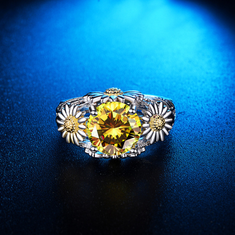 White Gold Plated Crystal Diamond Ring Pave Setting Yellow Cubic Zircon Ring