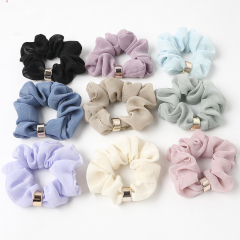 fashion metal button solid color elastic stripe chiffon scrunchies for women