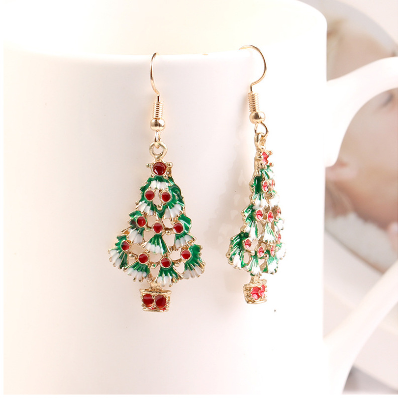 Custom trendy small wholesale women hook oil drip paint alloy christmas tree earrings Custom trendy small wholesale women hook oil drip paint alloy christmas tree earrings