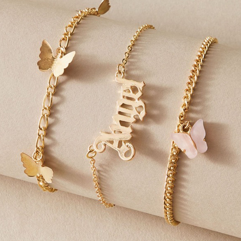 Boho Women Letters Angel Multi-layer Pink Butterfly Anklet for girls foot jewelry