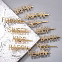 2020 Custom free sample Crystal Rhinestone text gold hair pins with words for women Alphabet initial hair pins