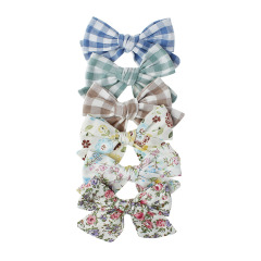 Amazon hot sale 6pcs/set printed plaid solid color mix girls kids bowknot hair clips for children