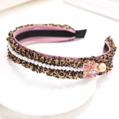 Vintage fashion liked leopard pleated fabric women girls pearl hairbands
