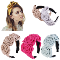 Wholesale solid color satin flower headbands for women hair holder rose crossed knot  headband
