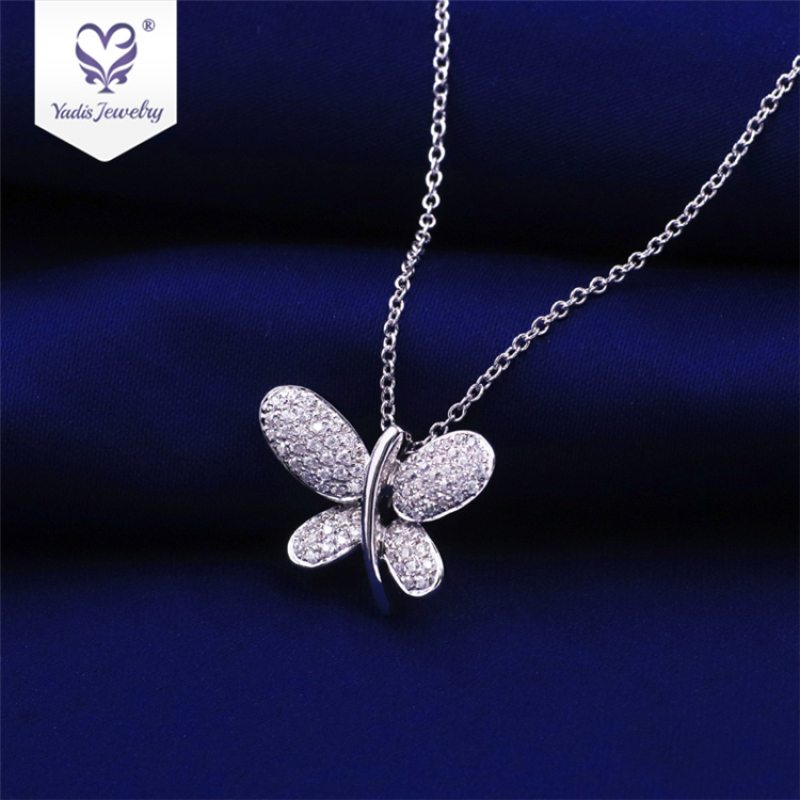 New Wedding 18K White Gold beaded Moissanite butterfly Diamonds Pendant Necklace