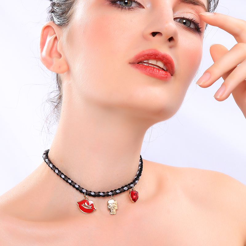Wholesale women gift jewelry  cool girl skull style enamel sets necklace