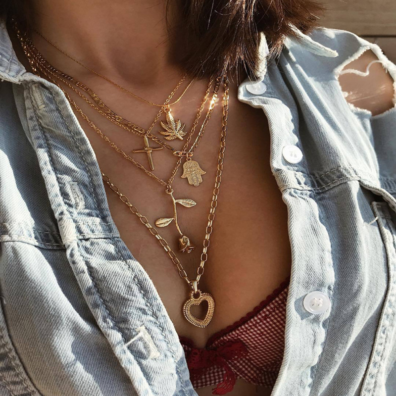 wholesale wish Amazon ins fashion gold rose heart chain choker multi-layer necklace for women lady girls