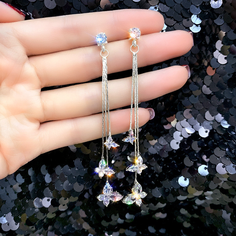 Ladies s925 silver needle earrings long luxury zircon butterfly tassel earrings