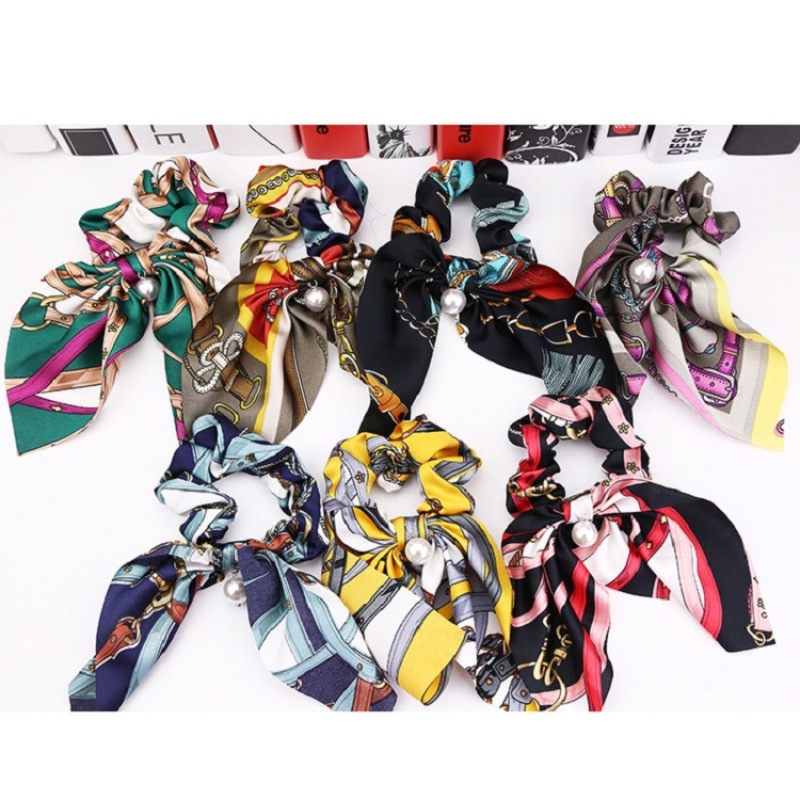 Solid Color Long Scrunchies bow  pearl Rubber Bands hair ties with bow