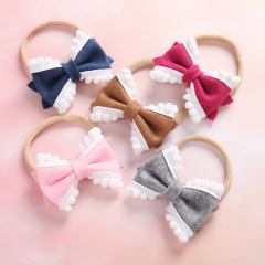 New Hot Sale Winter Soft Fabric Kids Girl Hair Bow Party Hair Accessories Baby Headband With White Lace