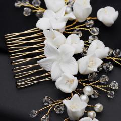 amazon new Luxury fancy custom white flower handmade Crystal Bridal wedding hair comb with pearl