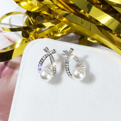 Fashion S925 silver needle crystal bow pearl alloy fashion stud earring with rhinestone