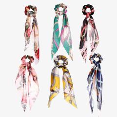 Amazon top selling girls custom printed long imitate silk hair scarf scrunchies for women