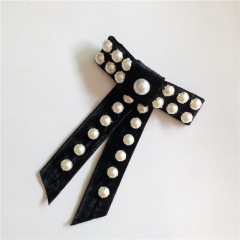 2020 Custom ins fancy fashion vintage lady black long scrunchy pearl bow hair clips clippers for women