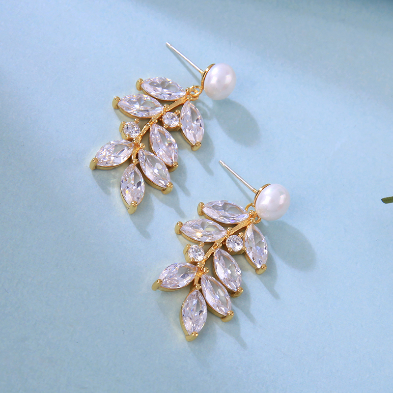 Wholesale zircon women leaf pearl copper rhinestone crystal bridal earrings