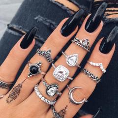 Fashion vintage silver boho Beach Ring Punk Hollow out jewely moon diamond crystal stack ring set boho for girls women Fashion vintage silver boho Beach Ring Punk Hollow out jewely moon diamond crystal stack ring set boho for girls women