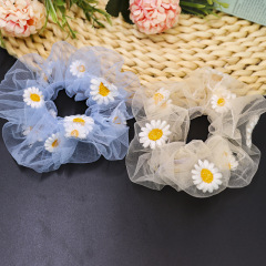 Hot selling New Style Organza Embroidery Print Daisy Hair Scrunchies for girls