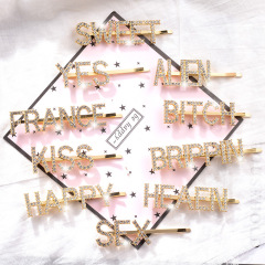 2020 Custom free sample Crystal Rhinestone text gold hair pins with words for women Alphabet initial hair pins