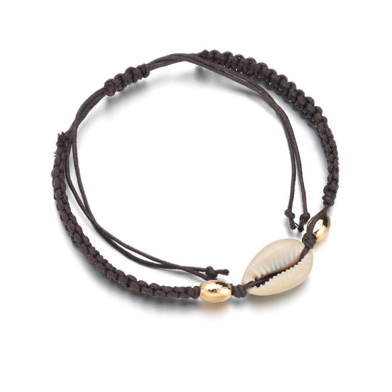Women accessories brown handmade leather jewelry ankle bracelet shell anklet