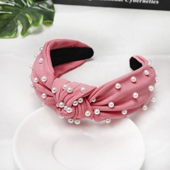 Pearl knotted headband solid color sweet fabric girl wide elastic hair band for women