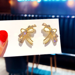 Wholesale Korea Bow Studded Zircon Crystal Gold S925 Silver Needle Fancy Stud Earring