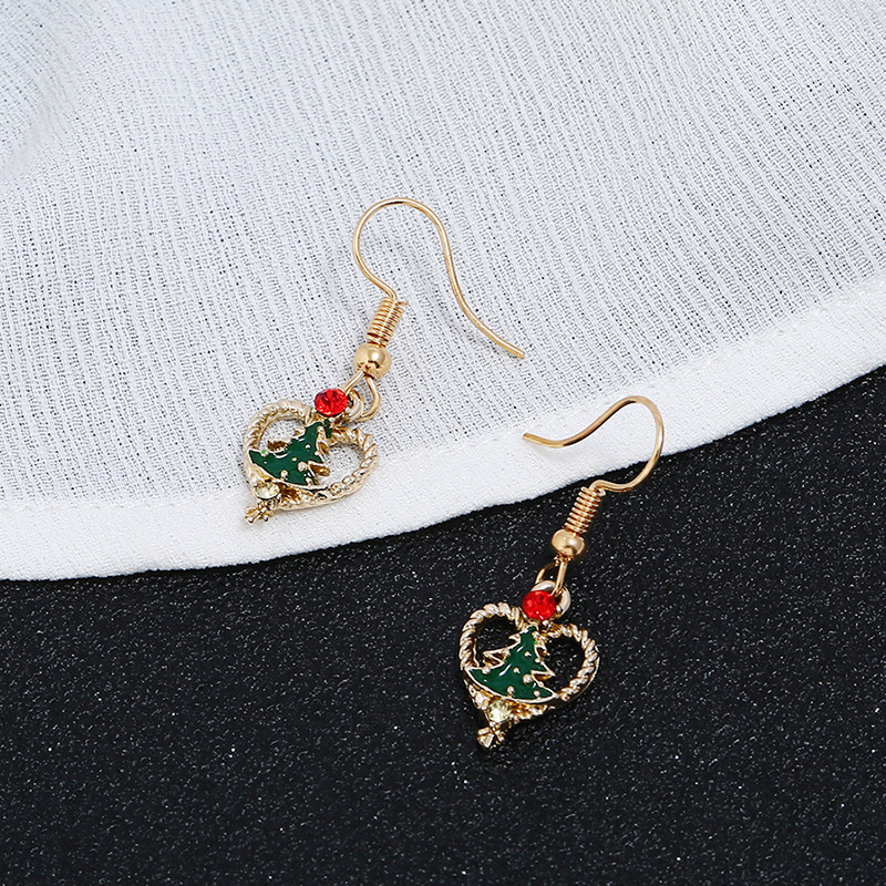 Luxurious gold heart women paint alloy rhinestone christmas tree hook earrings