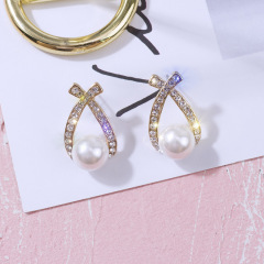 Fashion S925 silver needle crystal bow pearl alloy fashion stud earring with rhinestone