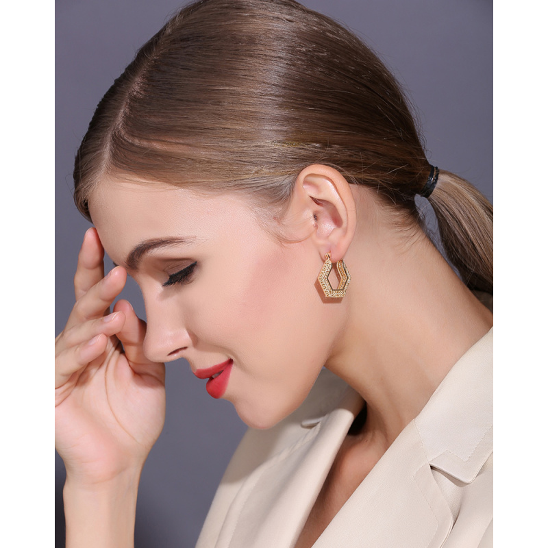 Wholesale  women thread plating 18k gold fashion copper hexagon hoop earring