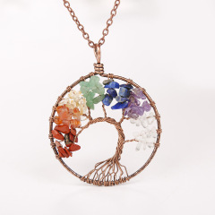 wholesale Amazon ins  Handmade Jewelry Charms Tourmaline Natural crystal Stone tree of life Round Pendant Necklace for women