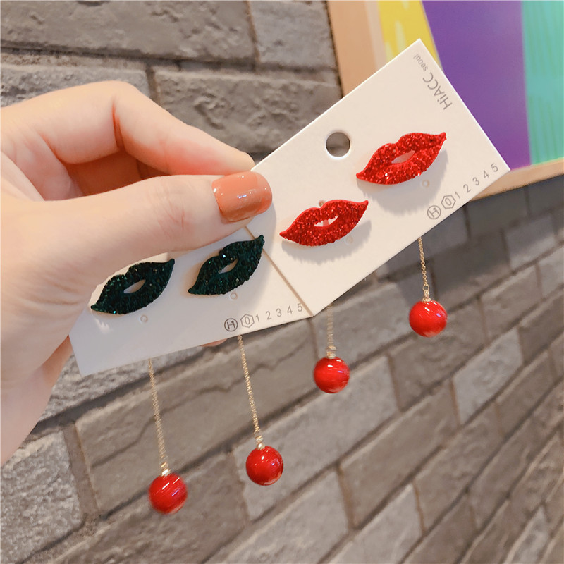 Fashion statement jewelry bling sequin pearl red lips kiss drop earrings for women Fashion statement jewelry bling sequin pearl red lips kiss drop earrings for women