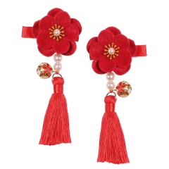 Chinese style multicolored big tassel pearl hair clip barrettes for baby girls
