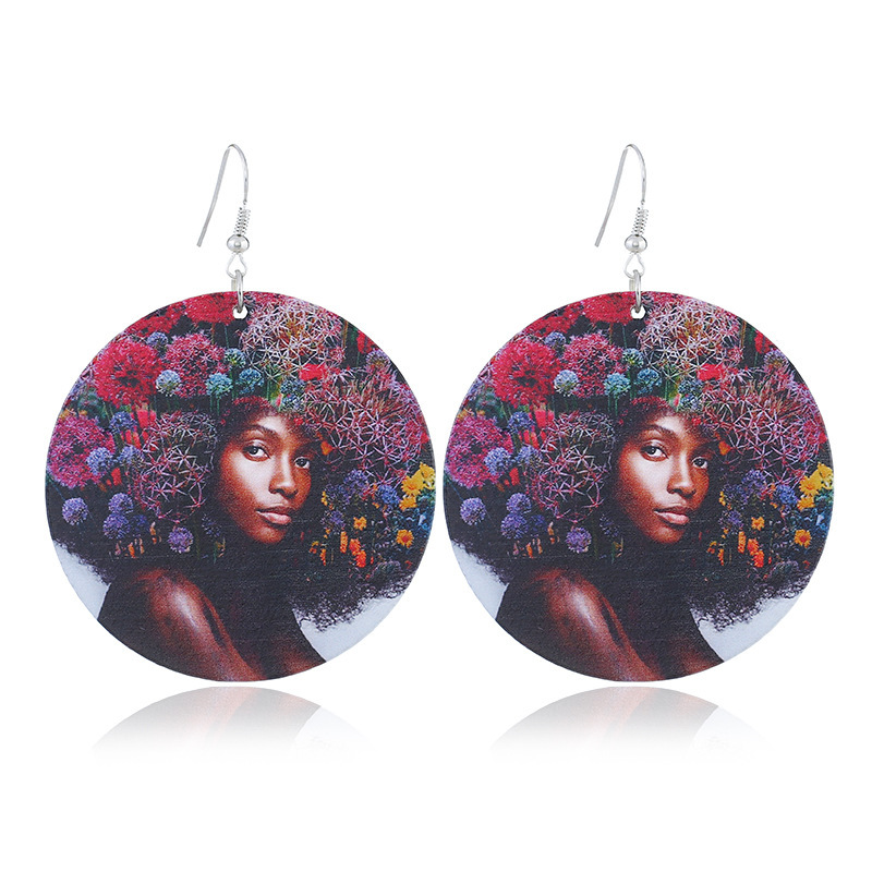 2020 new arrive custom 10designs fashion printing big round drop african afro wooden earring wood jewelry for women