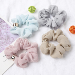fashion metal button solid color elastic stripe chiffon scrunchies for women
