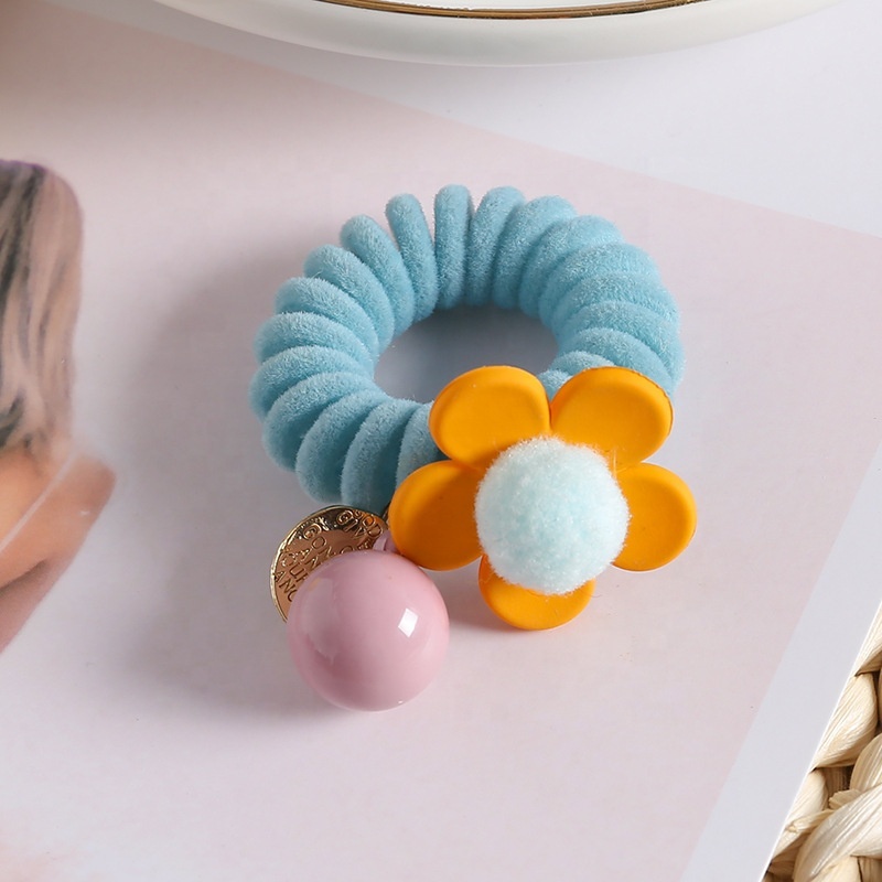 South korea autumn and winter cute flower hair rope new plush telephone wire hair ties with bead