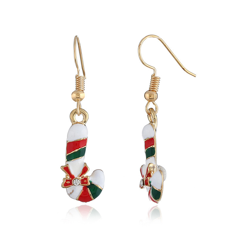 wholesale rhinestone alloy oil drip paint Christmas cane lady women hook earrings