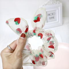 Summer hot sale strawberry pattern yarn elastic rabbit ear hair scrunchies for girls hair accessories