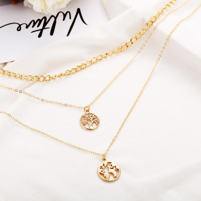 wholesale Amazon ins fashion life tree map gold long chain choker 3 multi layered necklace for women lady girls wholesale Amazon ins fashion life tree map gold long chain choker 3 multi layered necklace for women lady girls