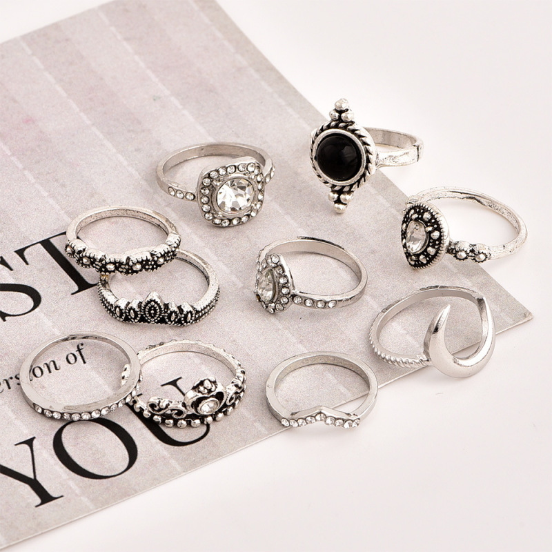 Fashion vintage silver boho Beach Ring Punk Hollow out  jewely  moon diamond crystal stack ring set boho for girls women