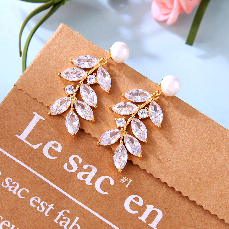 Wholesale zircon women leaf pearl copper rhinestone crystal bridal earrings