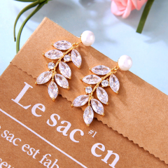 Wholesale zircon women leaf pearl copper rhinestone crystal bridal earrings