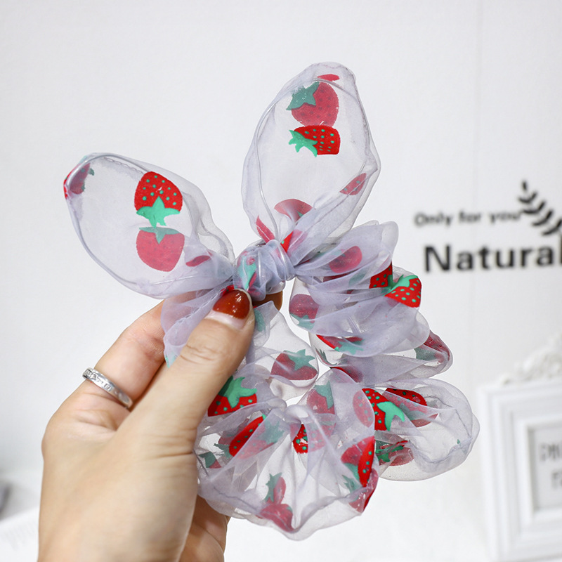 Summer hot sale strawberry pattern yarn elastic rabbit ear hair scrunchies for girls  hair accessories