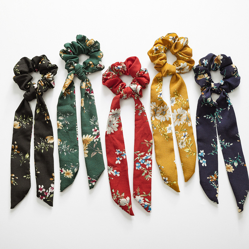 women Bohemia Long ribbon scrunchies elastic band print satin scrunchies hair ties