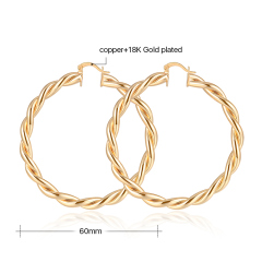 Wholesale gold plated twisted rope 60mm lady hoop earrings drop dangling earring
