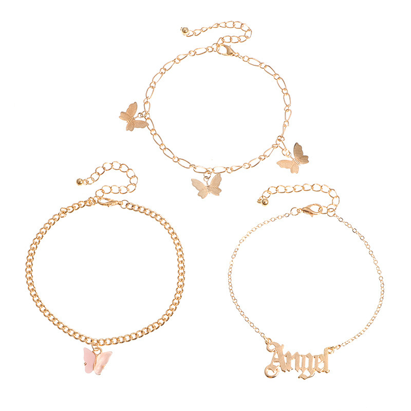 Boho Women Letters Angel Multi-layer Pink Butterfly Anklet for girls foot jewelry
