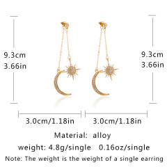 Fashion Crystal Rhinestone Star Moon Tassel Long Chain Dangle Ear Stud Earrings