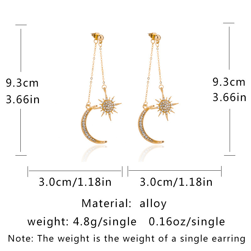 Fashion Crystal Rhinestone Star Moon Tassel Long Chain Dangle Ear Stud Earrings