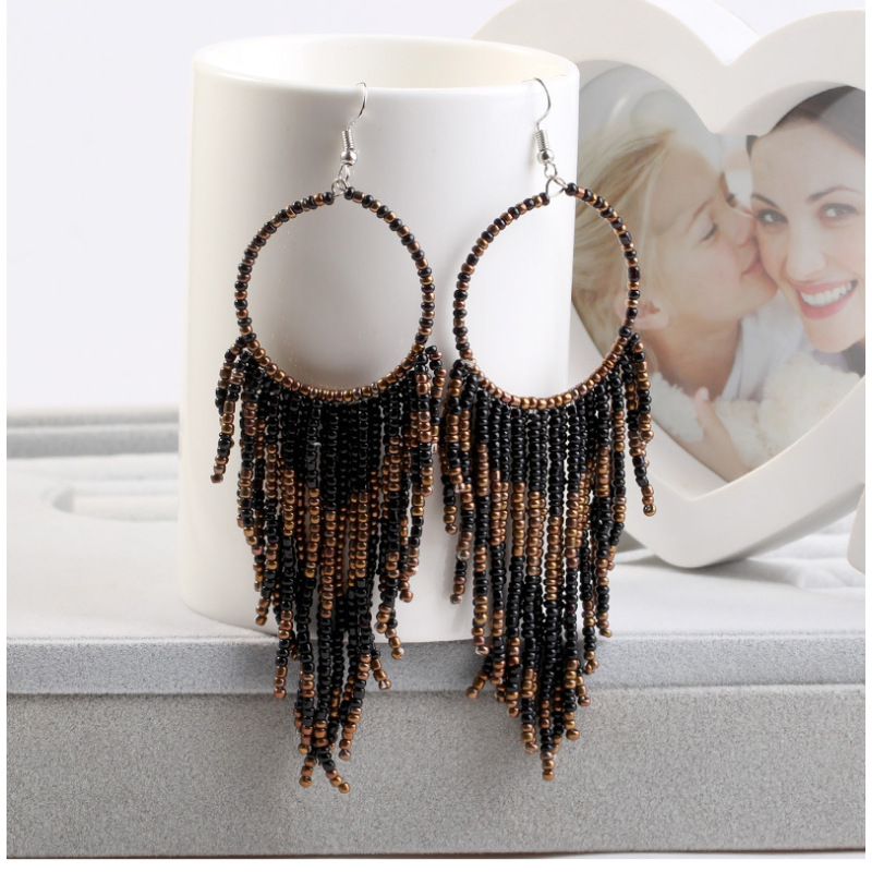 Vintage Bohemian National Style Copper Wire Long Womentassel Bead Earrings