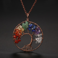 wholesale Amazon ins  Handmade Jewelry Charms Tourmaline Natural crystal Stone tree of life Round Pendant Necklace for women